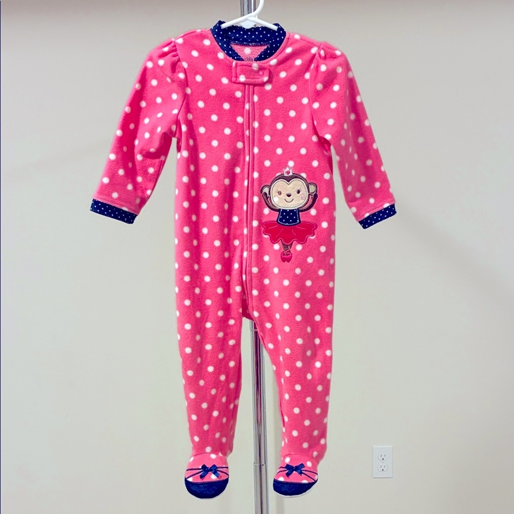 Little Me Girls’ Pink Polka Dot Footie with Monkey Ballerina Design